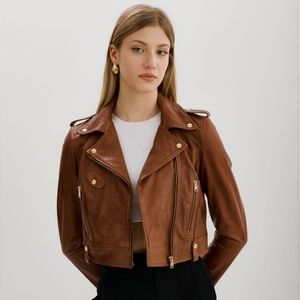 LAMARQUE, CIARA GOLD LEATHER CROP BIKER JACKET, Size S